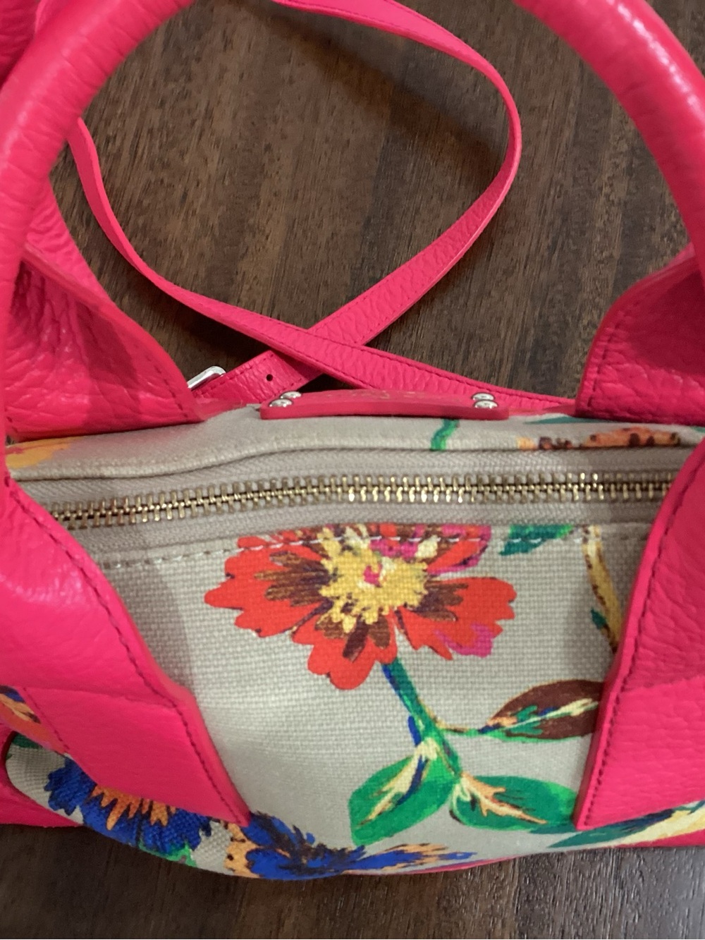 kate spade Beige Canvas Floral Tote with Hot Pink Trim - Picture 3 of 8
